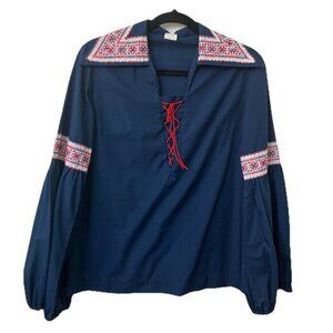 Vintage Stylerite Blouse Womens Embroidered Navy Blue Boho 70s Bell Sleeve